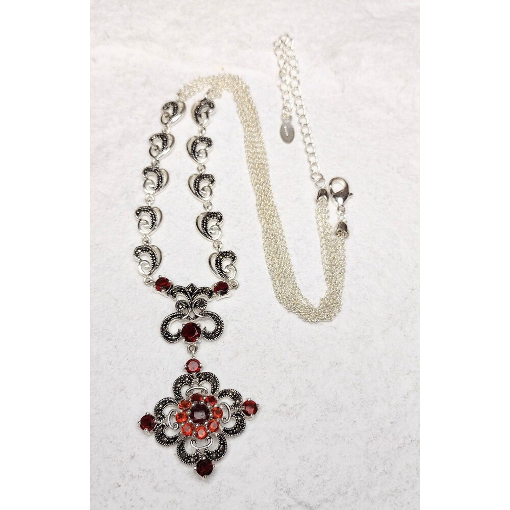 Ornate Garnet CZ Marcasite Silver Filigree Pendant Necklace Signed - Picture 12 of 12